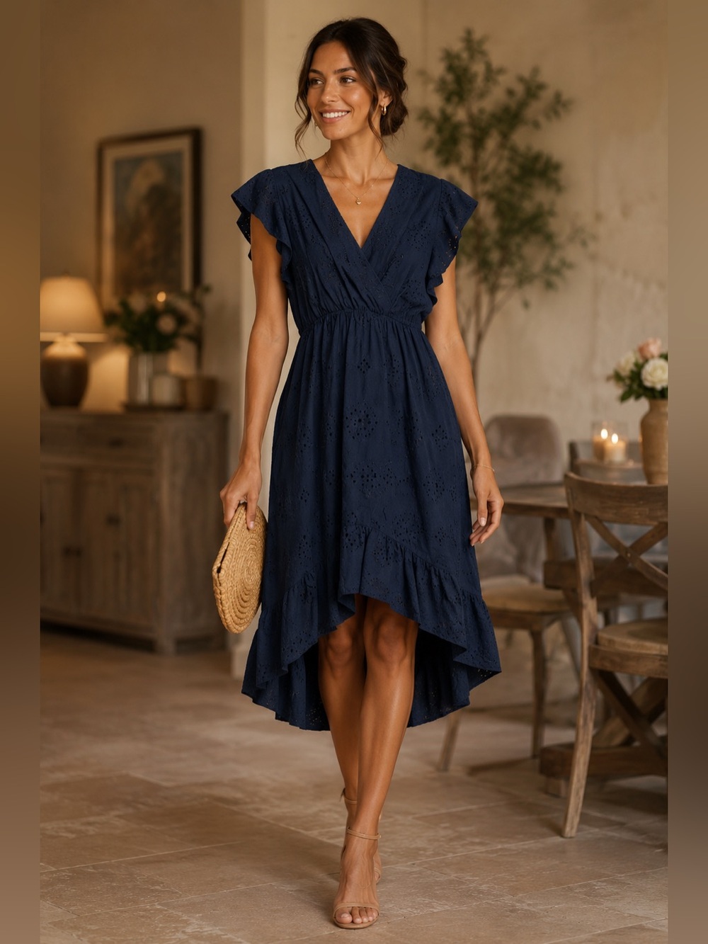 Valentino NALDI Made in Italy Navy Eyelet Hi-Low Cotton Dress Size XL